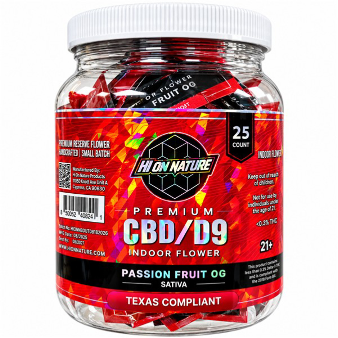 Picture of HI ON NATURE CBD D9 1G FLOWER 25CT JAR - PASSION FRUIT OG (SATIVA)