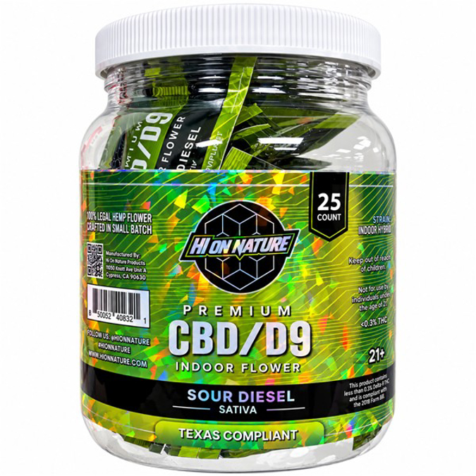 Picture of HI ON NATURE CBD D9 1G FLOWER 25CT JAR - SOUR DIESEL (SATIVA)